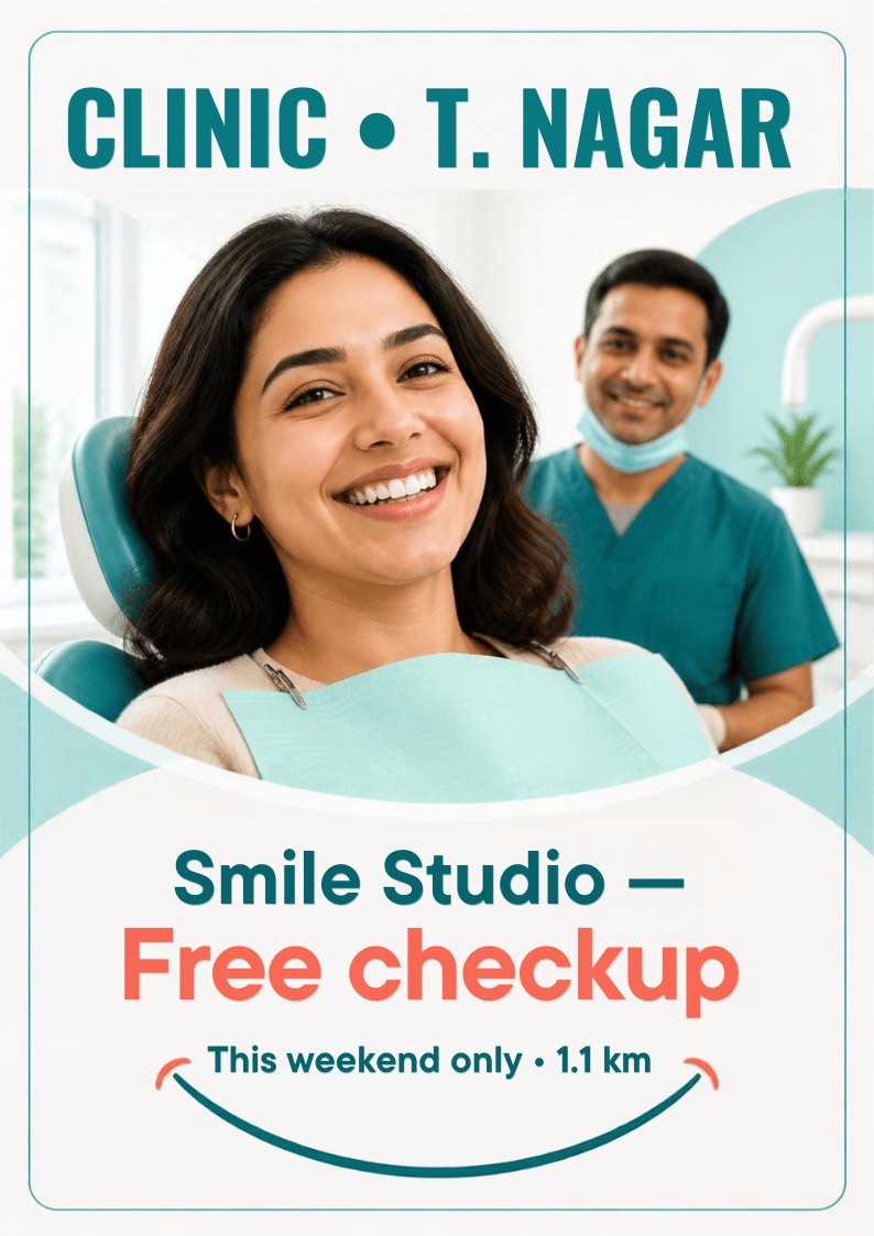 Smile Studio free dental checkup advertisement playing on a portrait TV